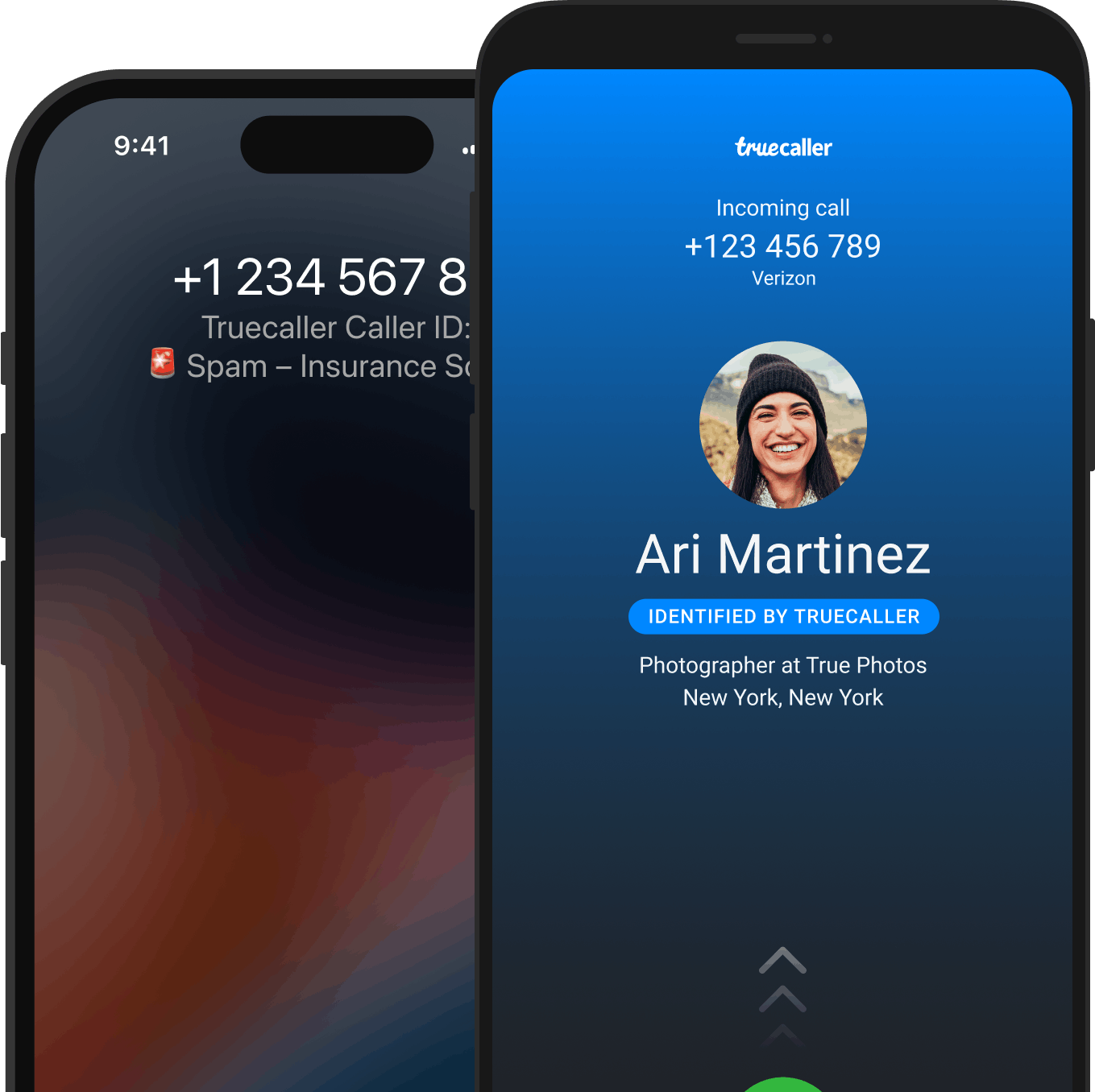 two screens - one for android and one for iOS, showing truecaller identifying an incoming phone call